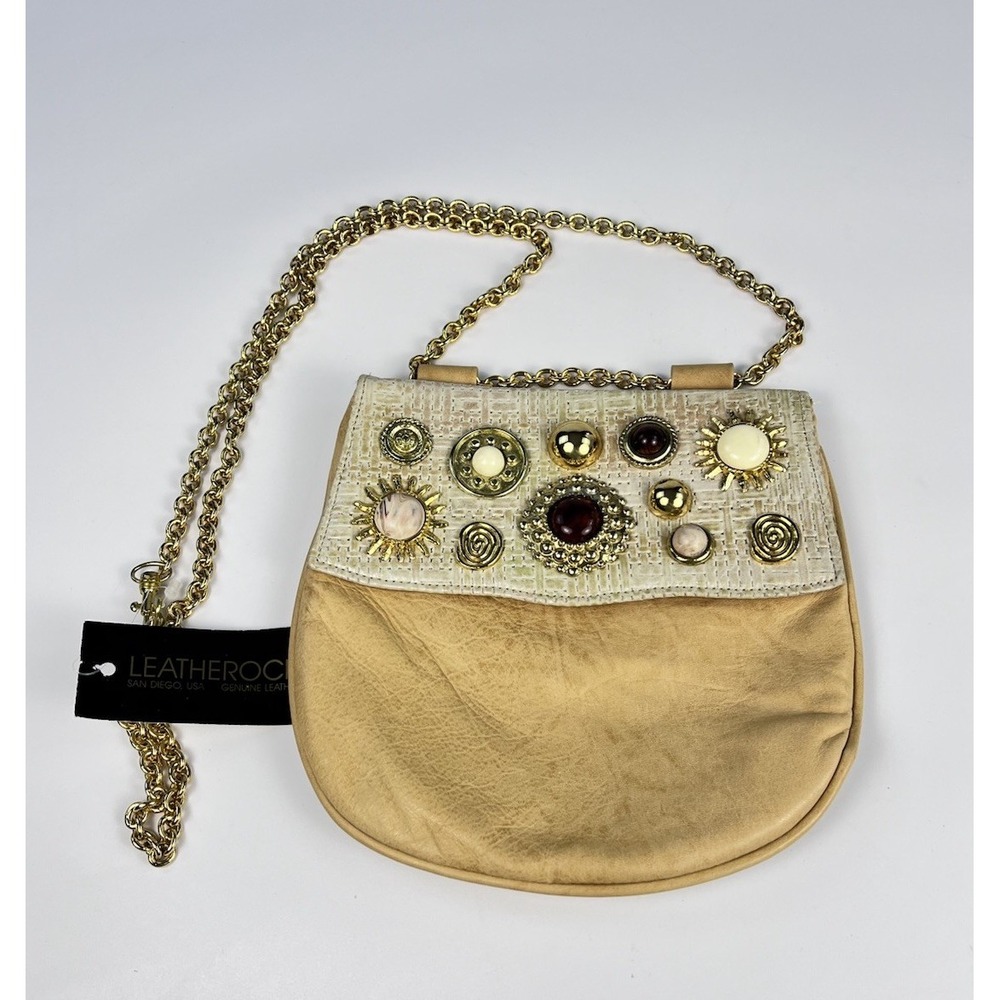 Nina Arjani Leatherock Vintage Leather Purse 7820 Jeweled Chain Bag 90s Tan